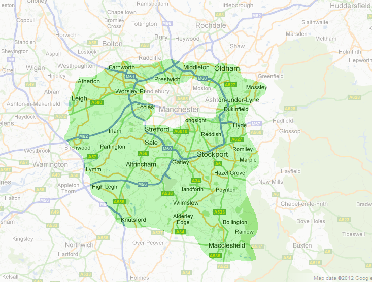 Birthday Bouncers offers free bouncy castle delivery on all hires within the highlighted area