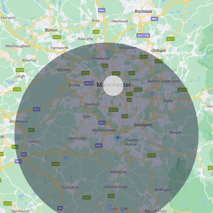 Birthday Bouncers offers free bouncy castle delivery on all hires within the highlighted area